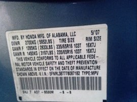 2007 ODYSSEY SKY BLUE EX 3.5L AT FWD  A24029
